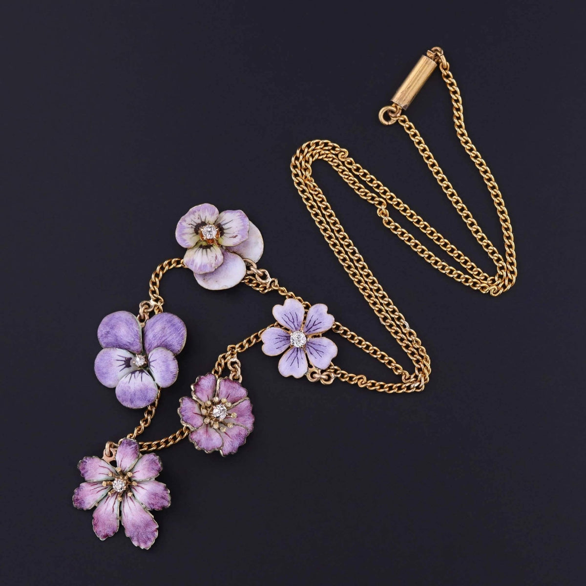 Antique Enamel Flower Necklace of 10k &amp; 14k Gold - Trademark Antiques