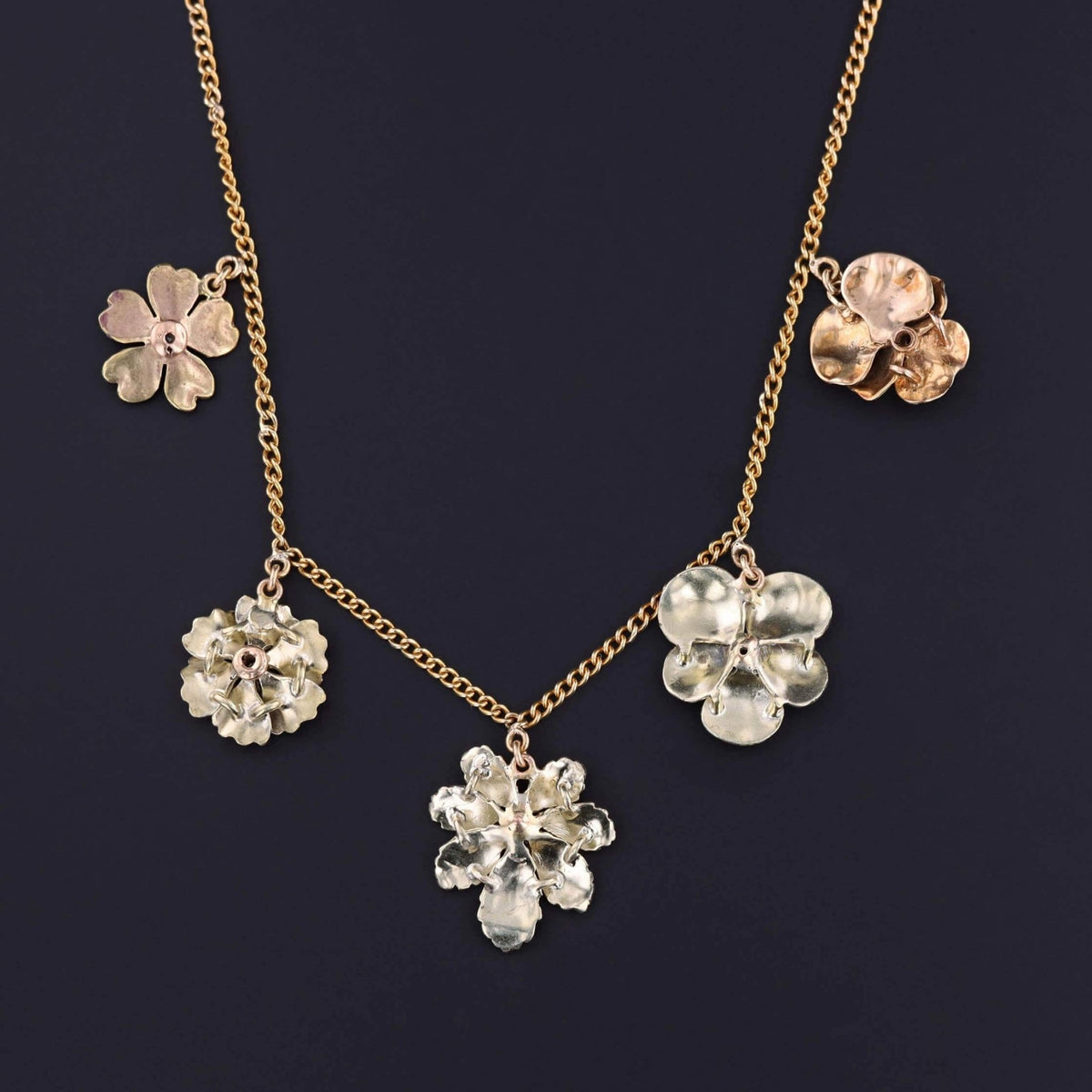 Antique Enamel Flower Necklace of 10k &amp; 14k Gold - Trademark Antiques