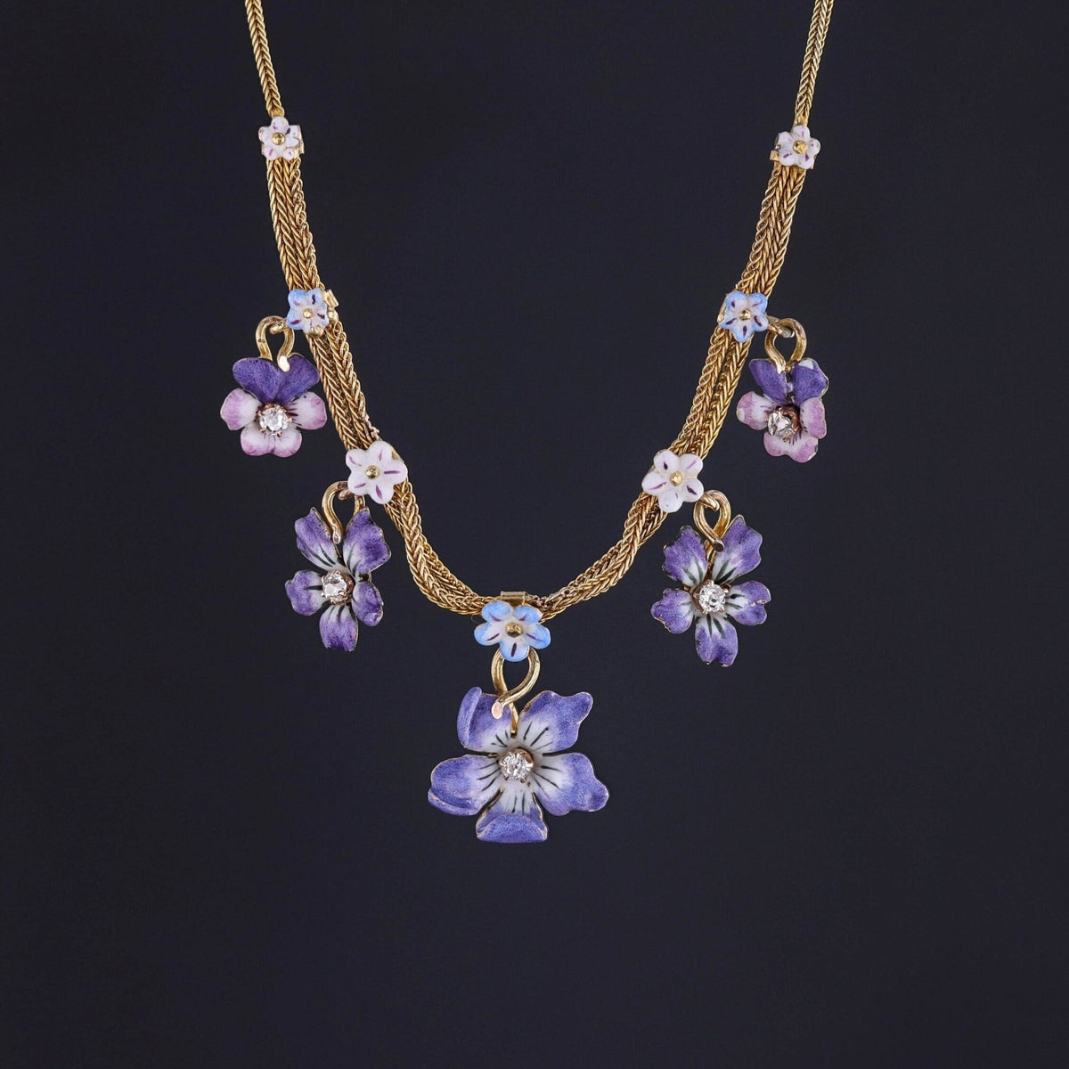 Antique Enamel Flower Necklace of 14k Gold - Trademark Antiques