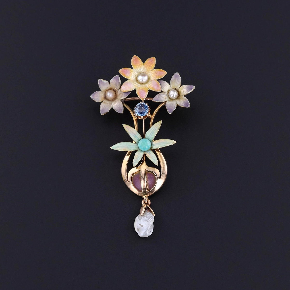 Antique Enamel Flower Pendant Brooch of 15ct Gold - Trademark Antiques