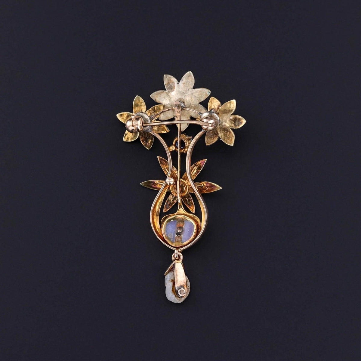 Antique Enamel Flower Pendant Brooch of 15ct Gold - Trademark Antiques
