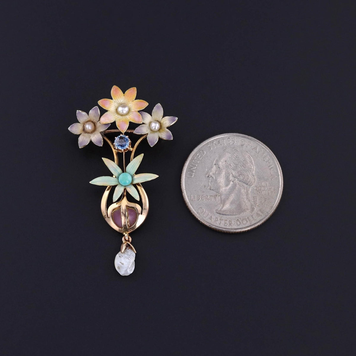 Antique Enamel Flower Pendant Brooch of 15ct Gold - Trademark Antiques