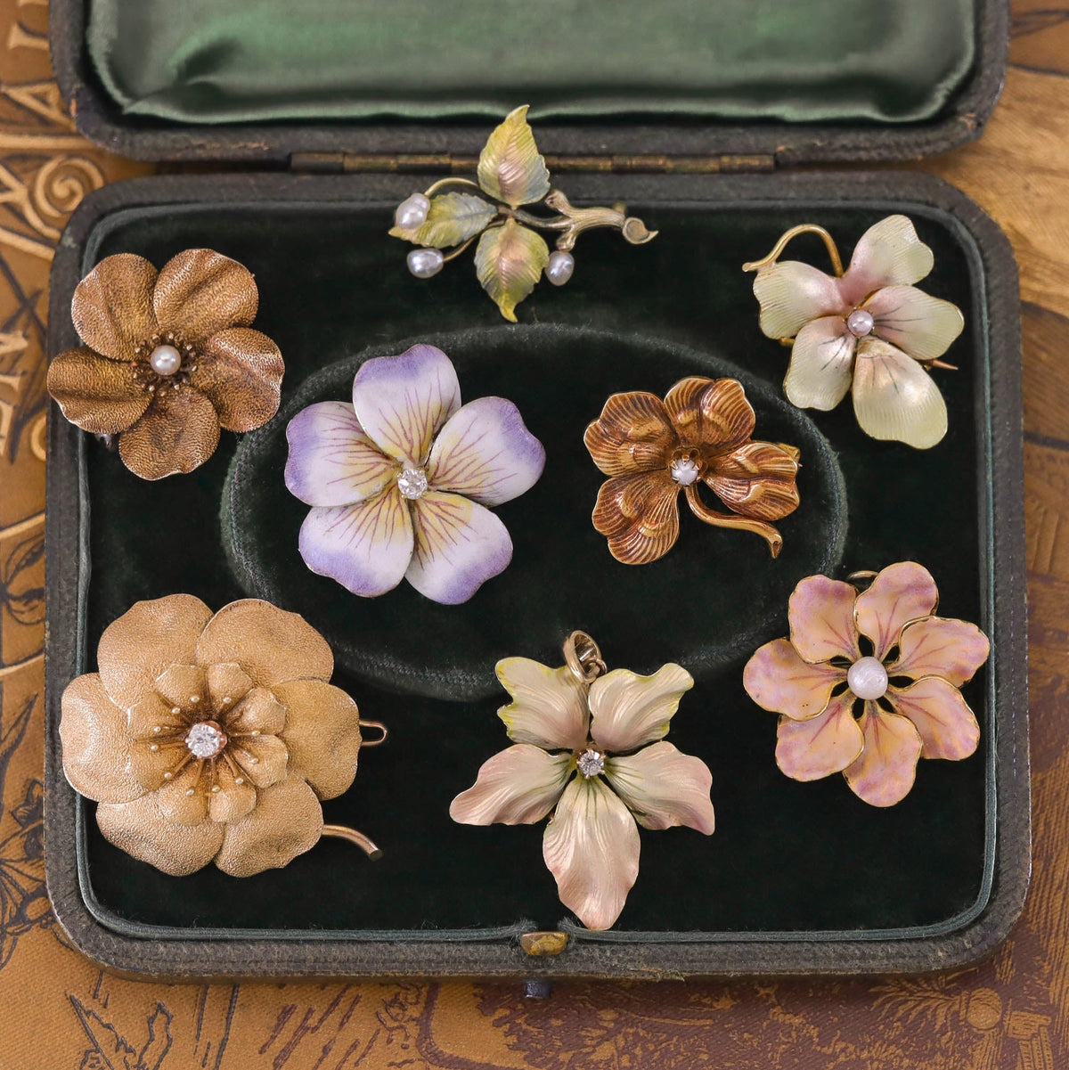 Antique Enamel Flower Pendant or Brooch of 14k Gold - Trademark Antiques