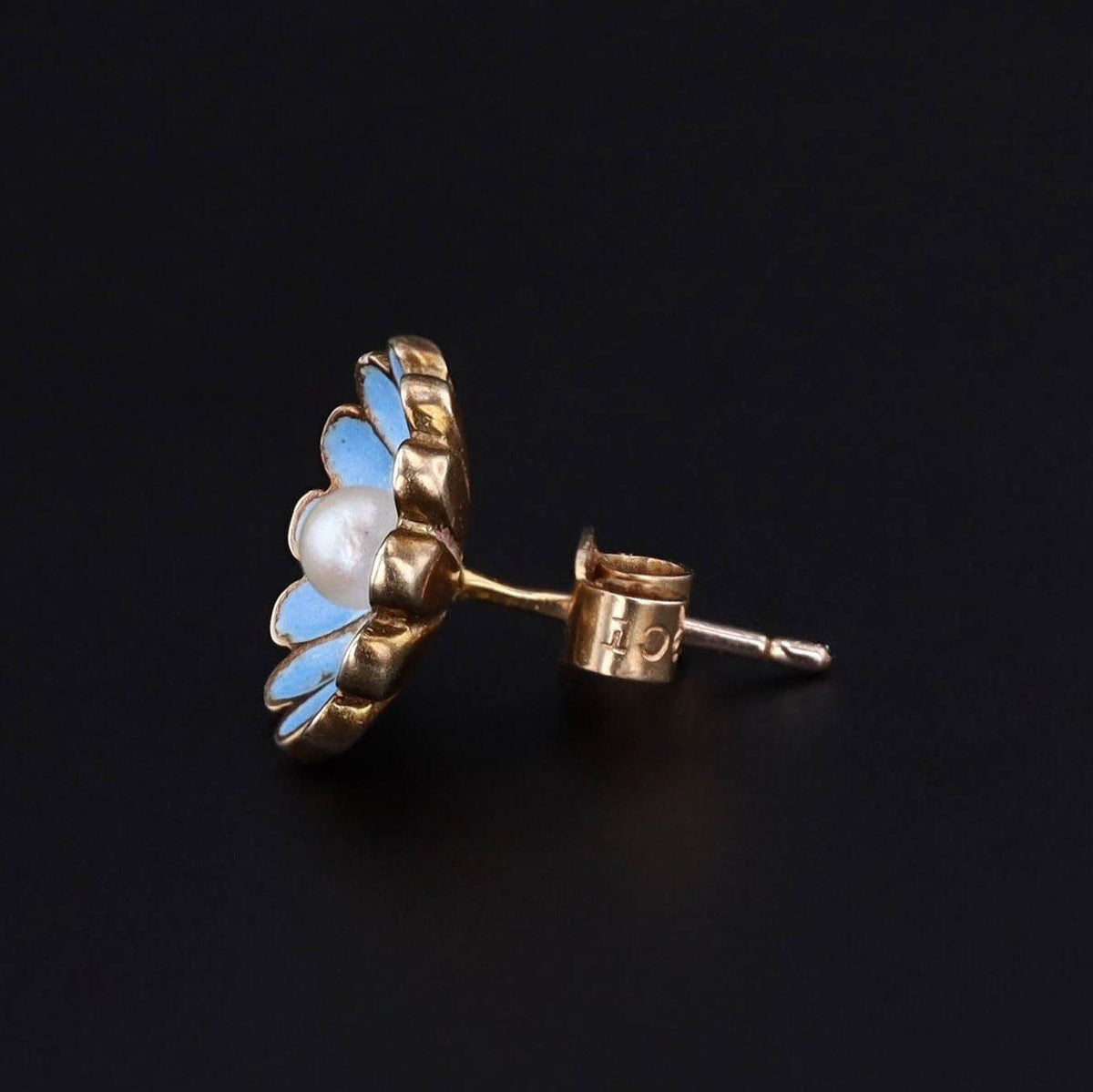 Antique Enamel Flower Single Stud Earring 9ct Gold - Trademark Antiques
