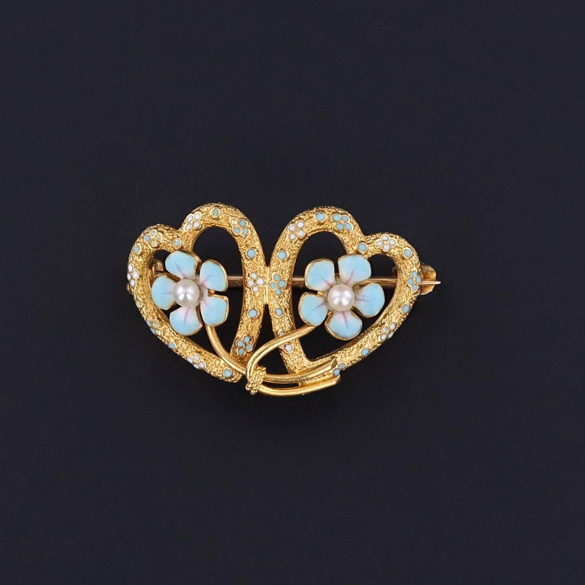 Antique Enamel Forget - Me - Not Heart Brooch of 14k Gold by Krementz &amp; Co - Trademark Antiques