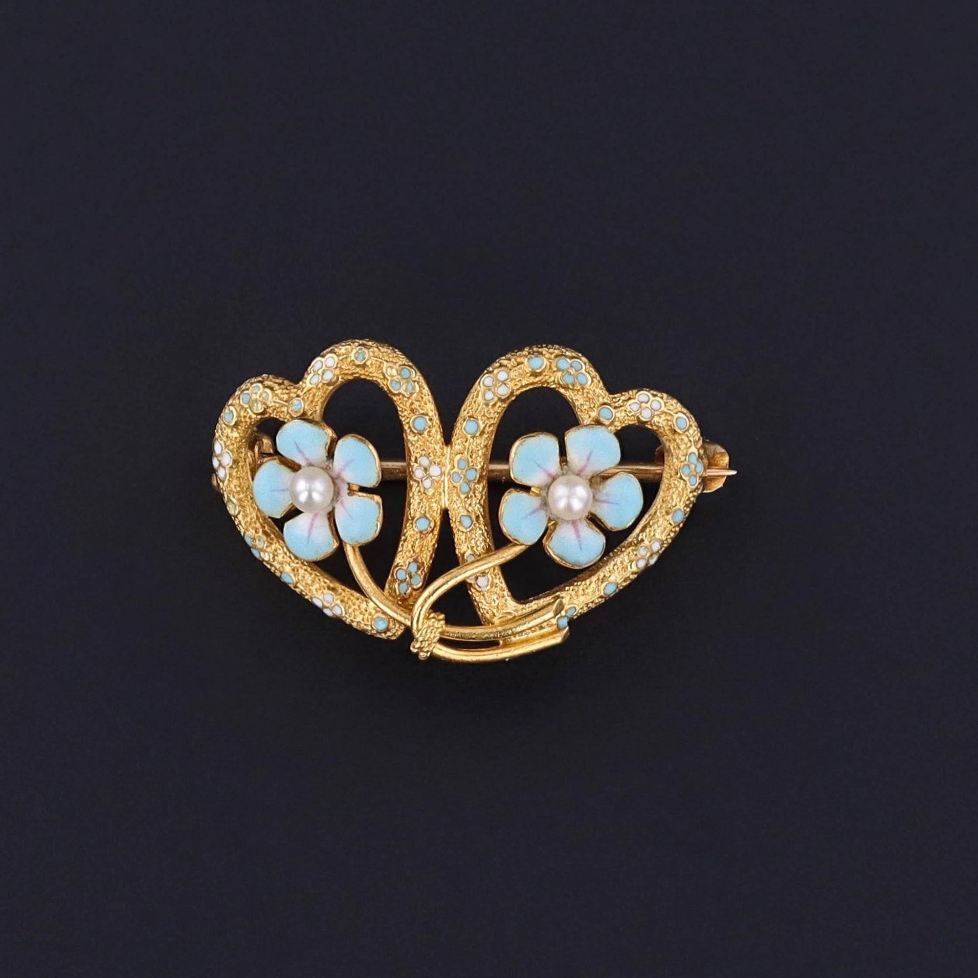 Antique Enamel Forget - Me - Not Heart Brooch of 14k Gold by Krementz & Co - Trademark Antiques