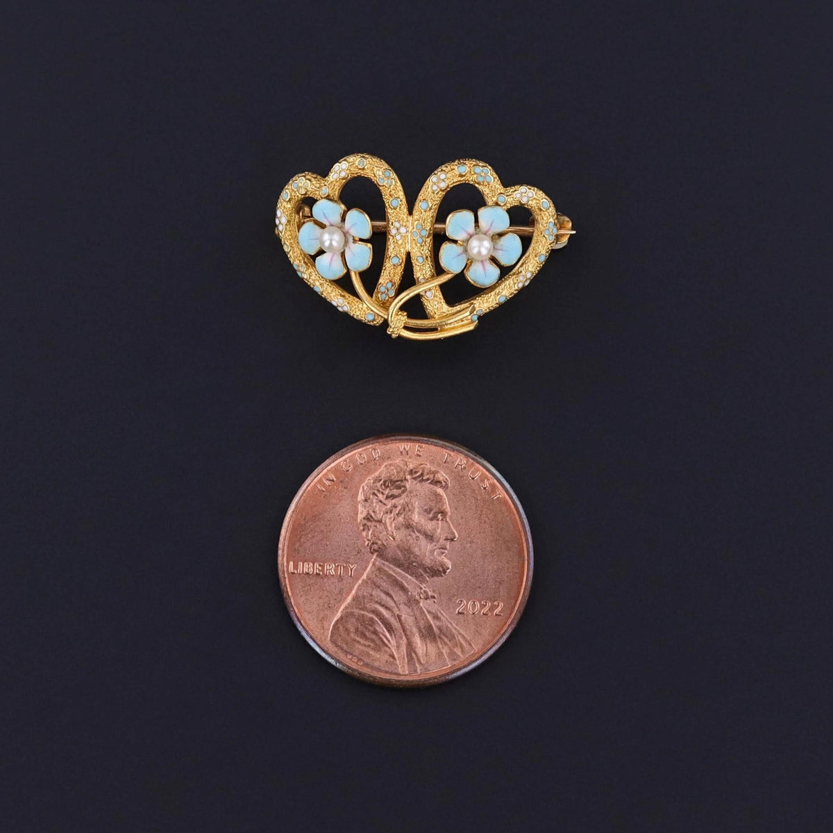 Antique Enamel Forget - Me - Not Heart Brooch of 14k Gold by Krementz &amp; Co - Trademark Antiques
