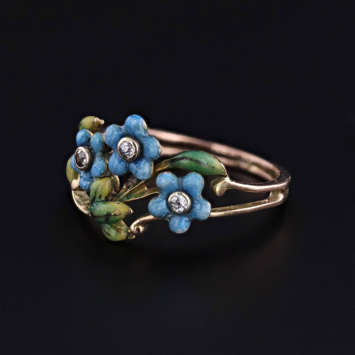 Antique Enamel Forget - Me - Not Ring of 14k Gold - Trademark Antiques