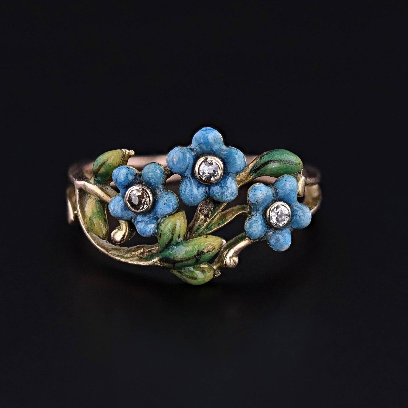 Antique Enamel Forget - Me - Not Ring of 14k Gold - Trademark Antiques
