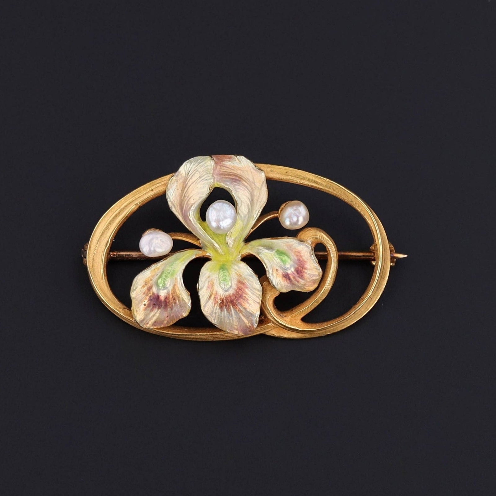 Antique Enamel Iris Flower Brooch of 14k Gold - Trademark Antiques