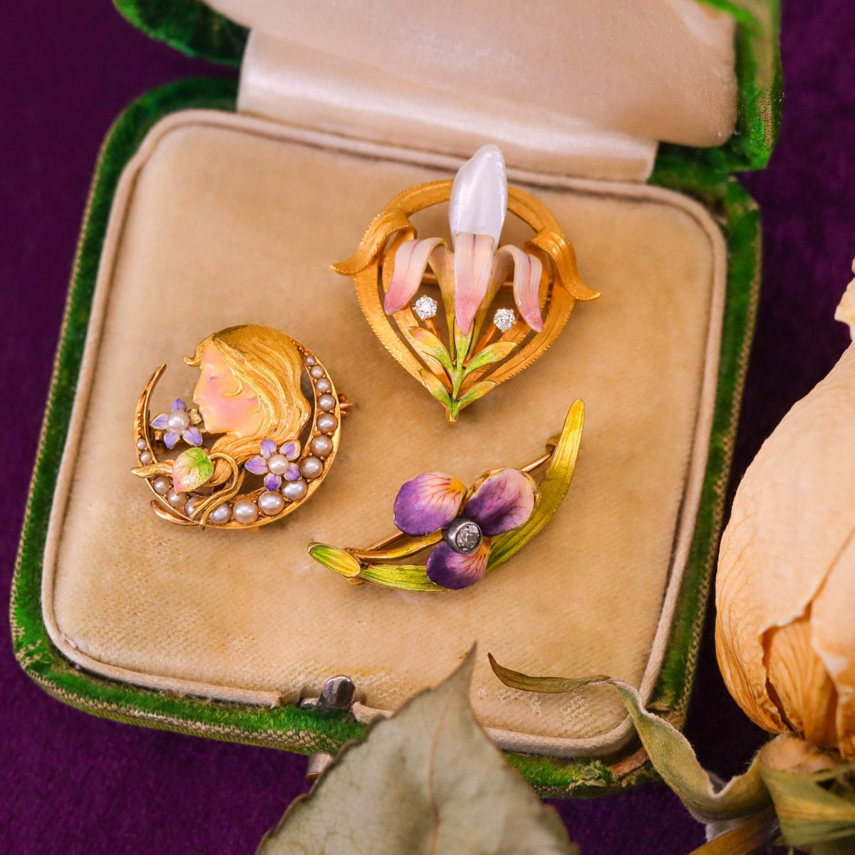 Antique Enamel Iris Pin of 14k Gold - Trademark Antiques