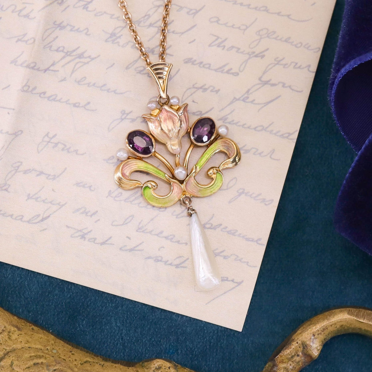 Antique Enamel Lavalier Necklace of 10k and 15ct Gold - Trademark Antiques