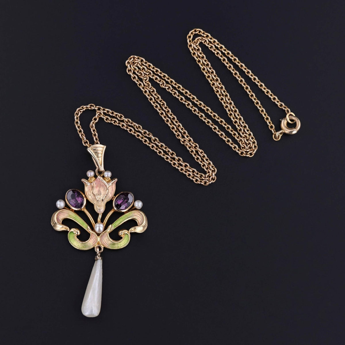 Antique Enamel Lavalier Necklace of 10k and 15ct Gold - Trademark Antiques