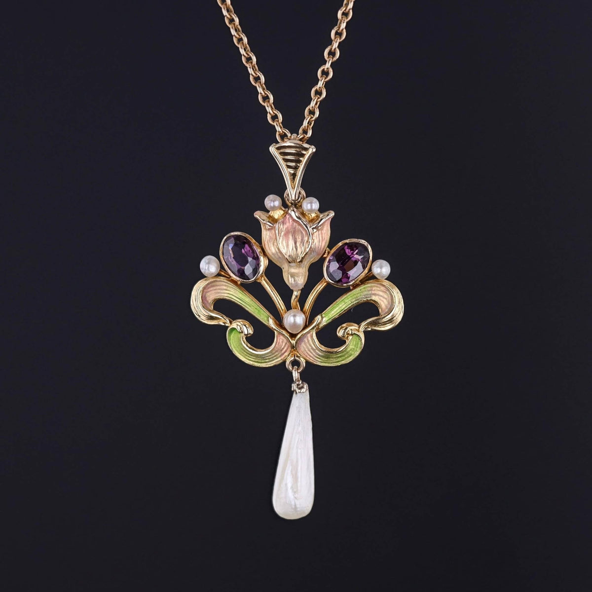 Antique Enamel Lavalier Necklace of 10k and 15ct Gold - Trademark Antiques