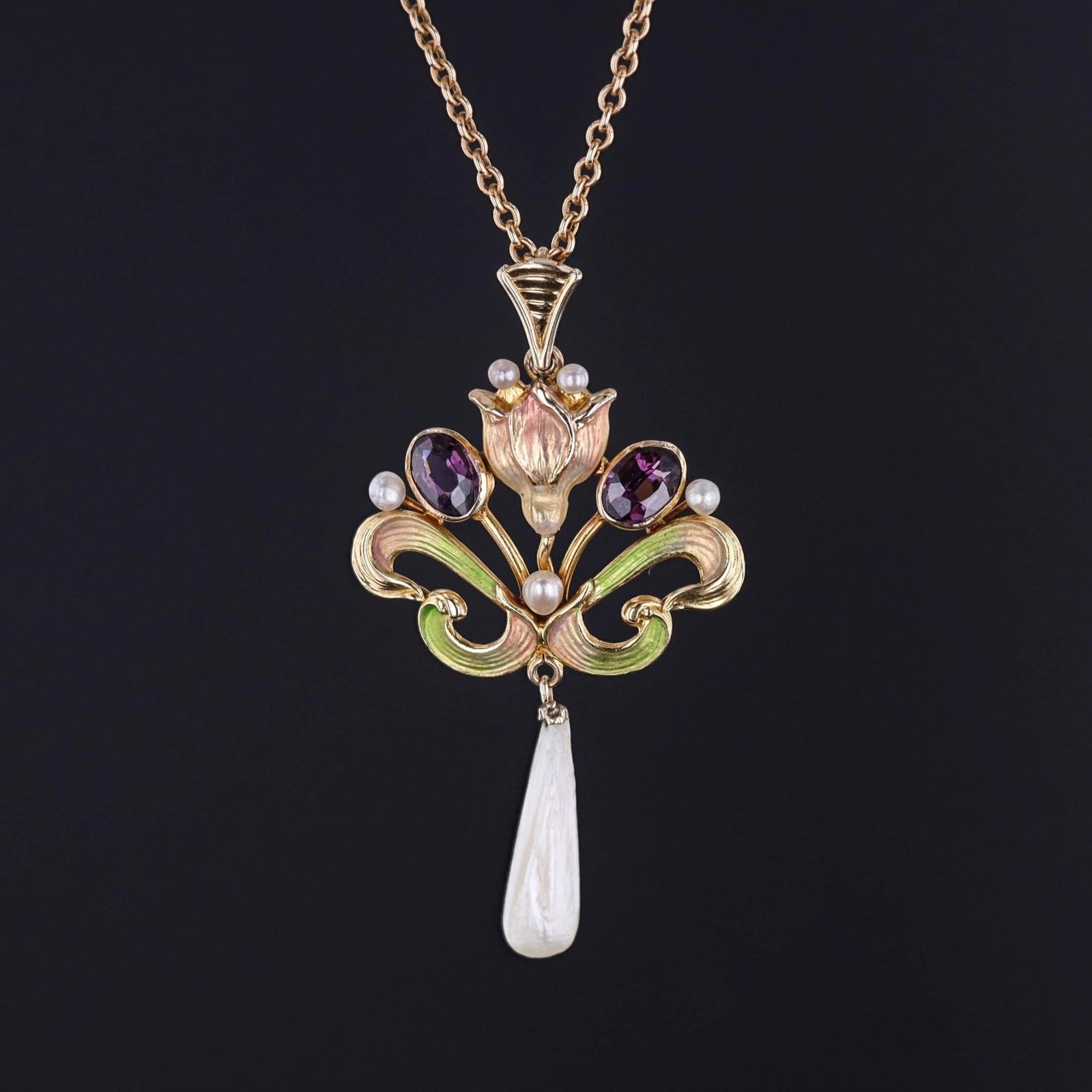 Antique Enamel Lavalier Necklace of 10k and 15ct Gold - Trademark Antiques