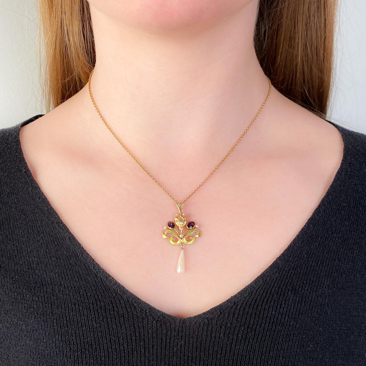 Antique Enamel Lavalier Necklace of 10k and 15ct Gold - Trademark Antiques