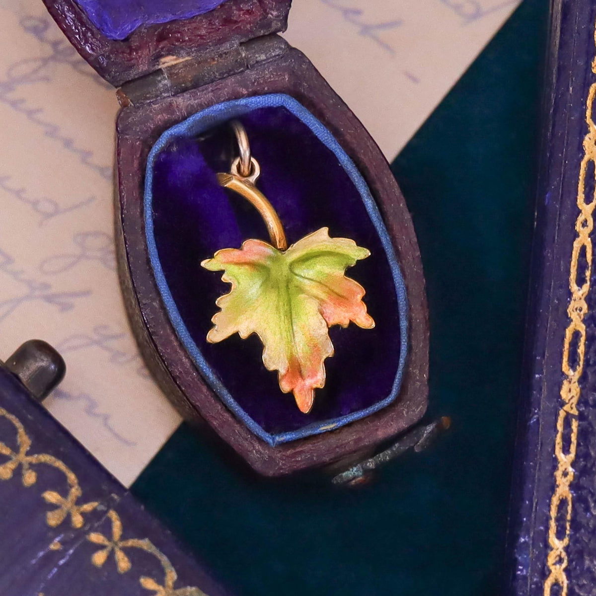 Antique Enamel Leaf Charm of 14k Gold - Trademark Antiques