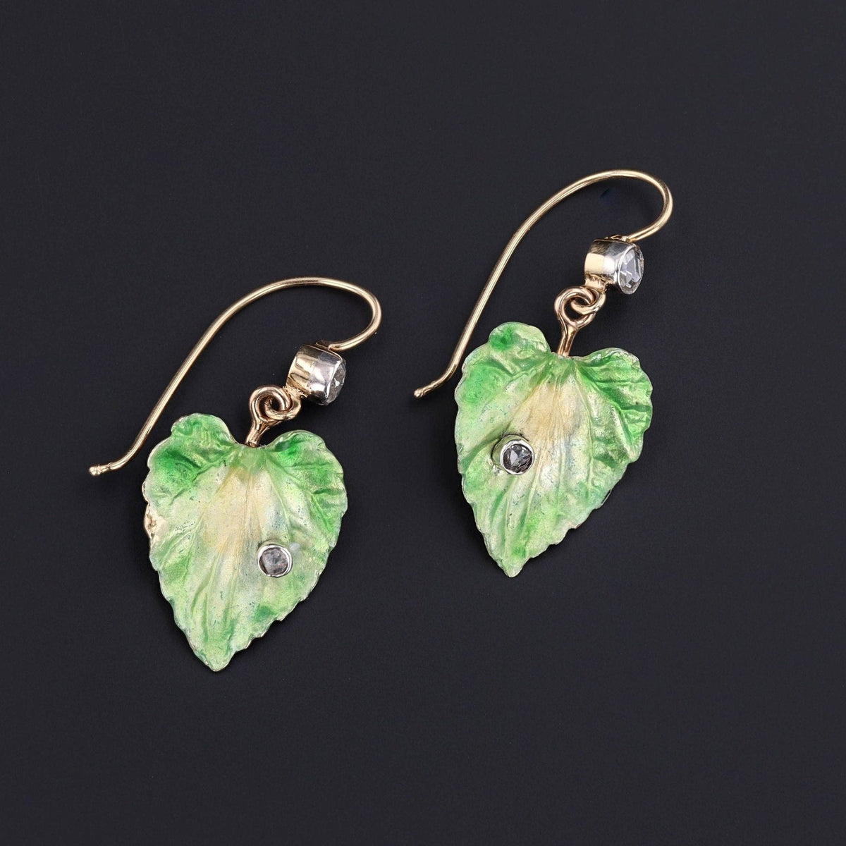 Antique Enamel Leaf Conversion Earrings of 14k Gold - Trademark Antiques