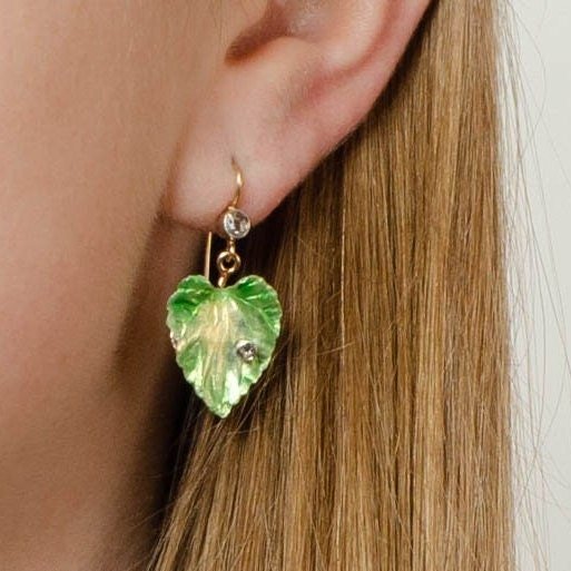 Antique Enamel Leaf Conversion Earrings of 14k Gold - Trademark Antiques