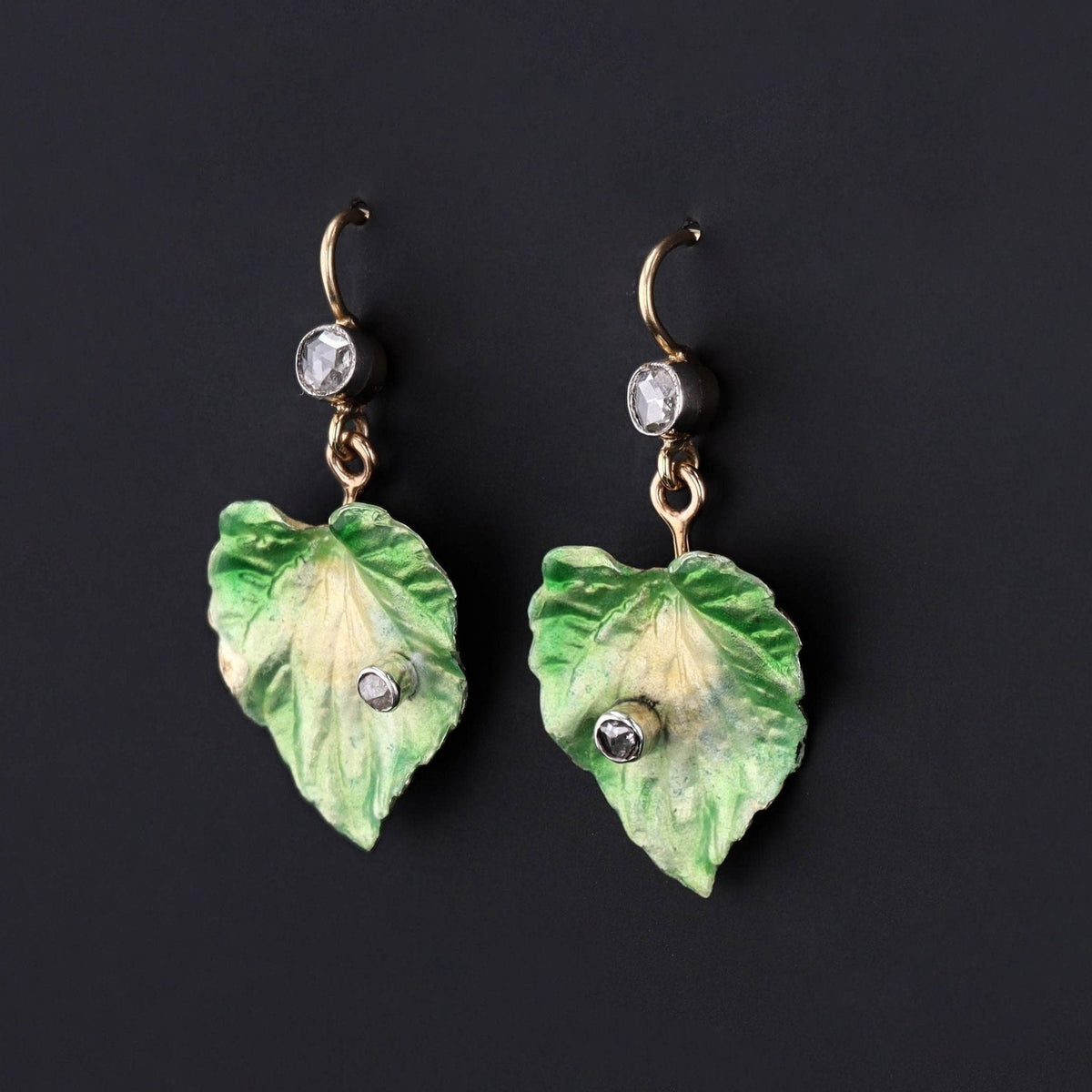Antique Enamel Leaf Conversion Earrings of 14k Gold - Trademark Antiques