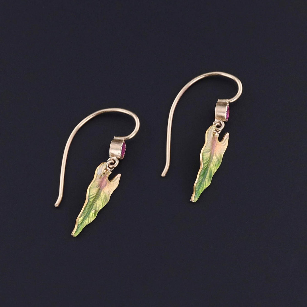 Antique Enamel Leaf Earrings of 14k Gold - Trademark Antiques