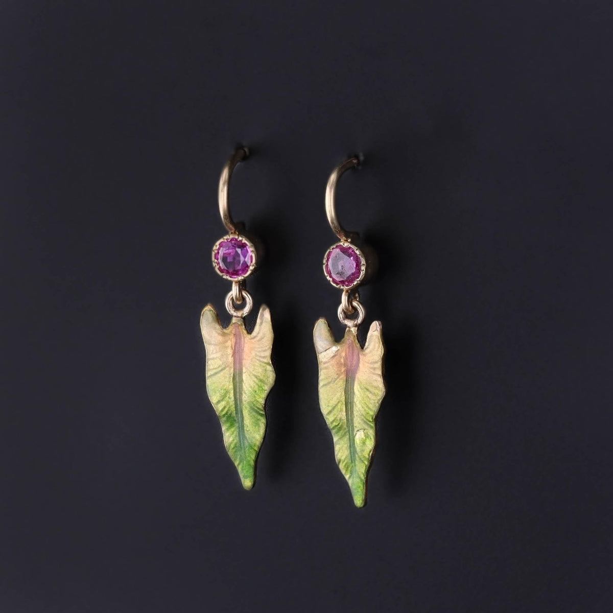 Antique Enamel Leaf Earrings of 14k Gold - Trademark Antiques