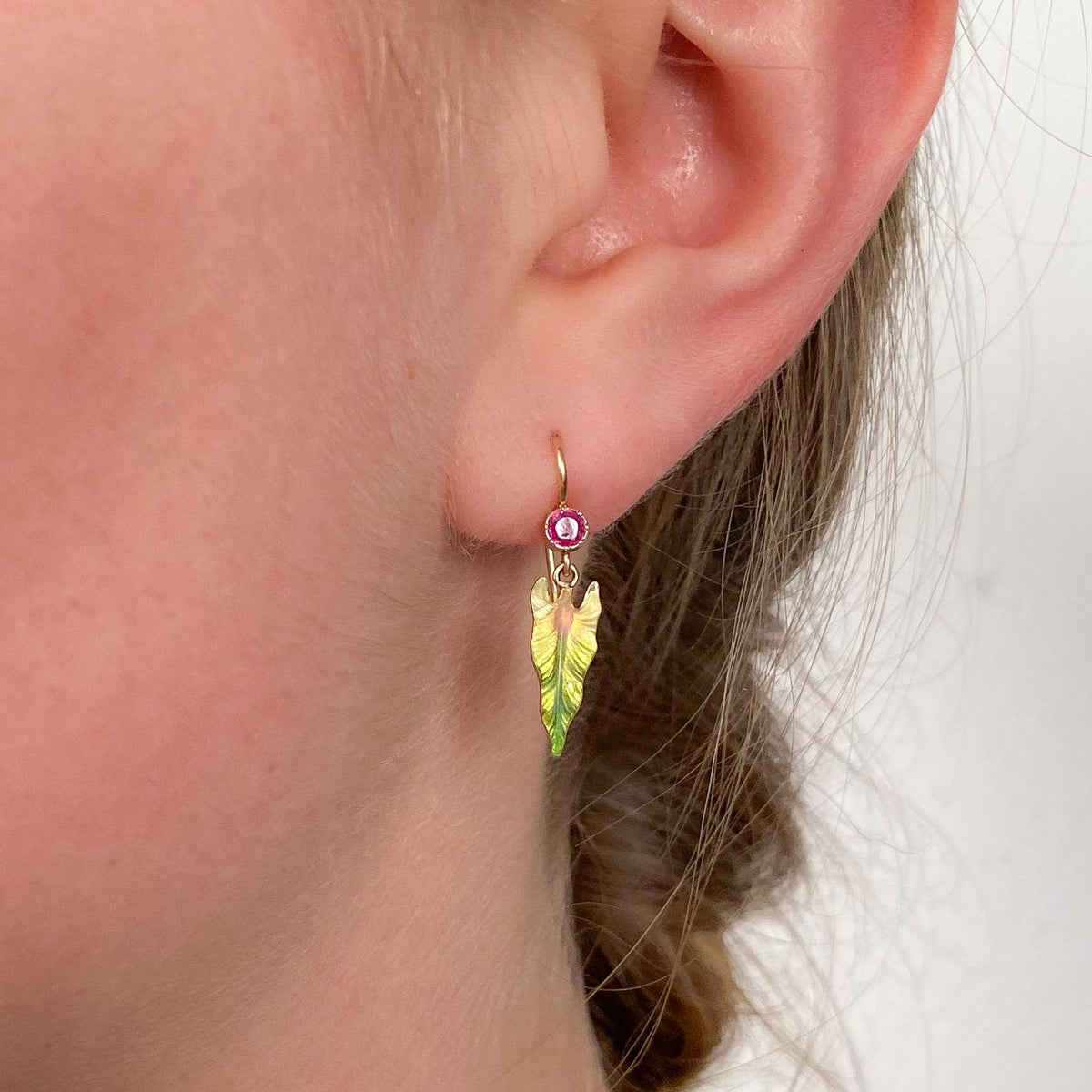 Antique Enamel Leaf Earrings of 14k Gold - Trademark Antiques