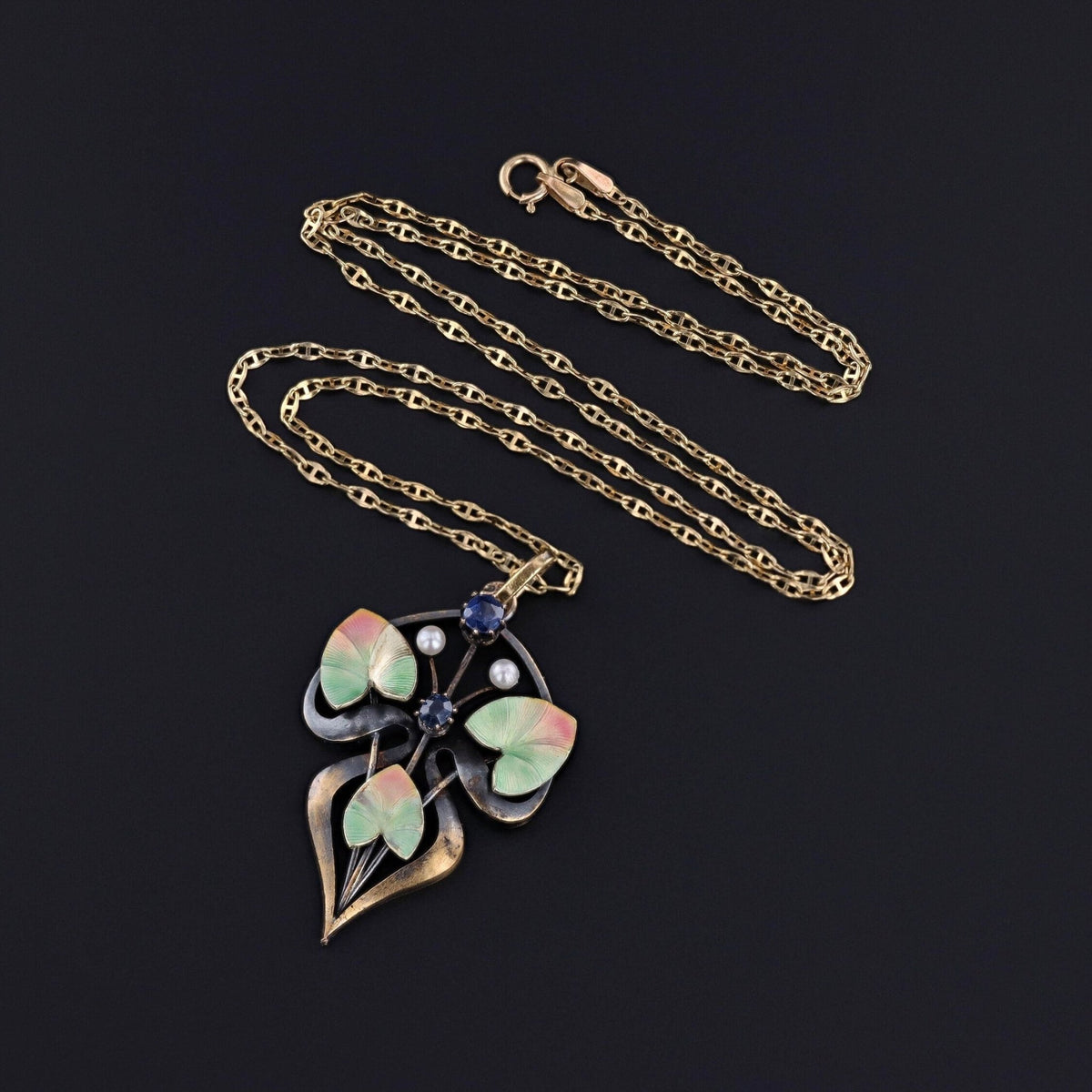 Antique Enamel Leaf Pendant of 14k Gold - Trademark Antiques