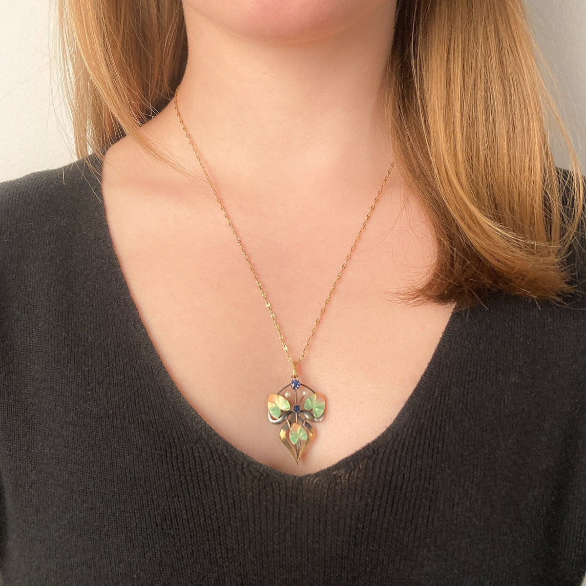 Antique Enamel Leaf Pendant of 14k Gold - Trademark Antiques