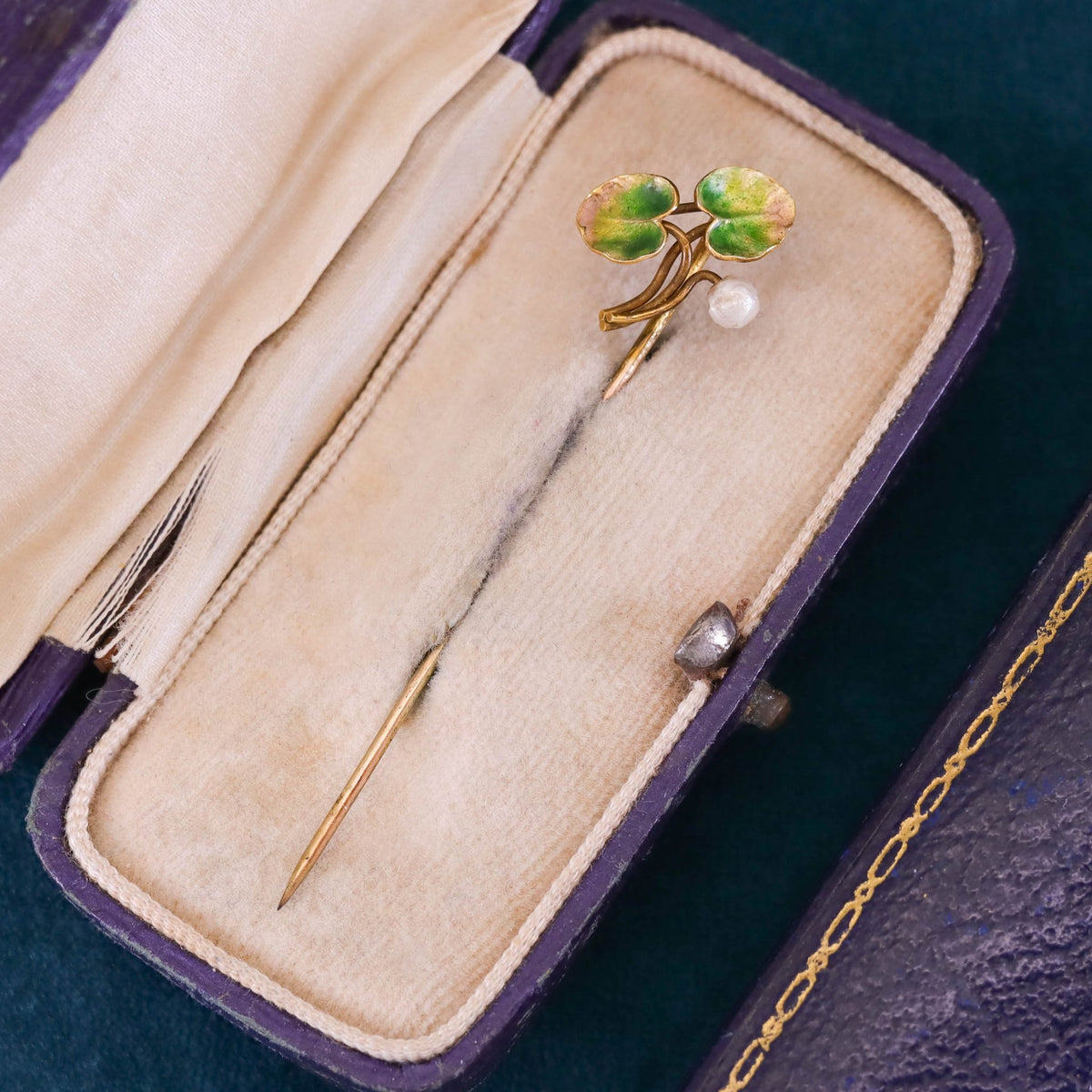 Antique Enamel Lily Pad Stickpin of 14k Gold - Trademark Antiques