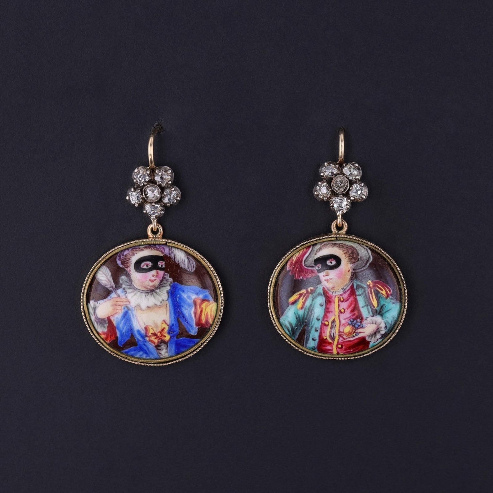 Antique Enamel Masquerade Earrings with Diamonds - Trademark Antiques