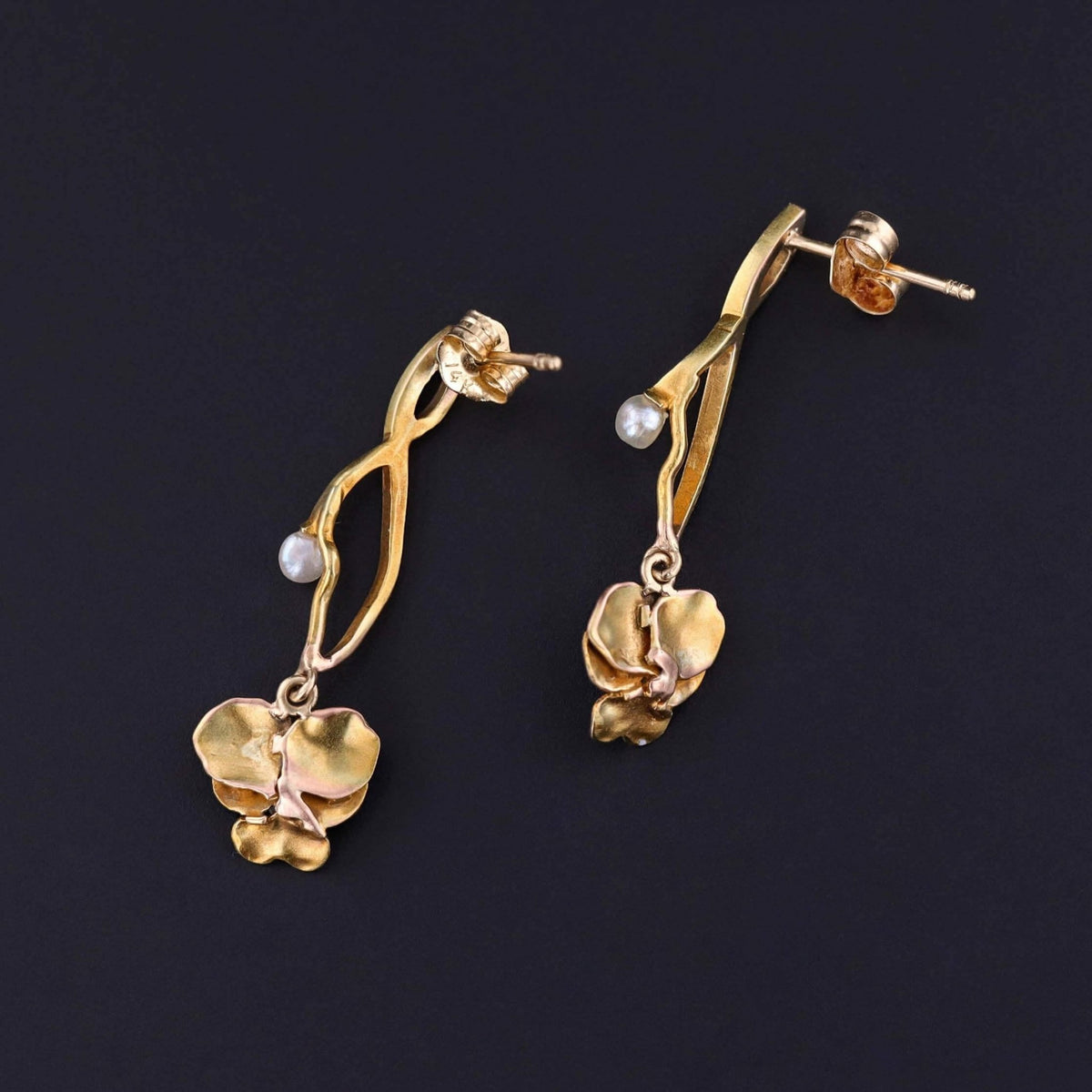 Antique Enamel Pansy Earrings of 14k Gold - Trademark Antiques