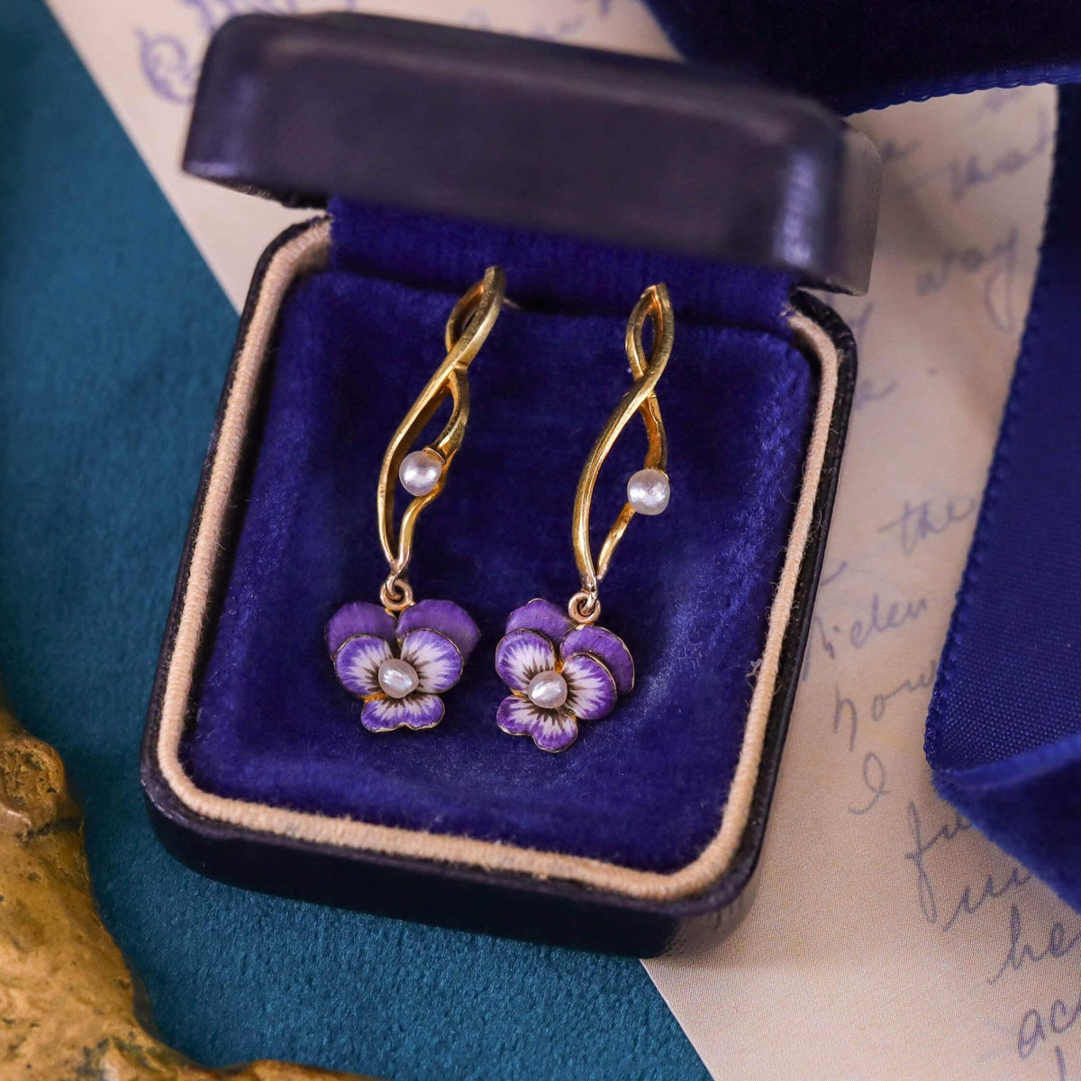 Antique Enamel Pansy Earrings of 14k Gold - Trademark Antiques