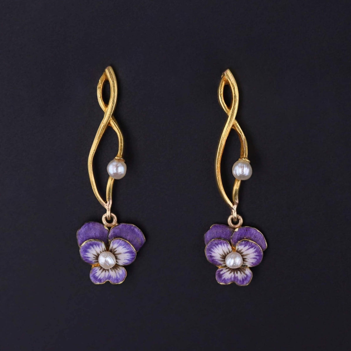 Antique Enamel Pansy Earrings of 14k Gold - Trademark Antiques