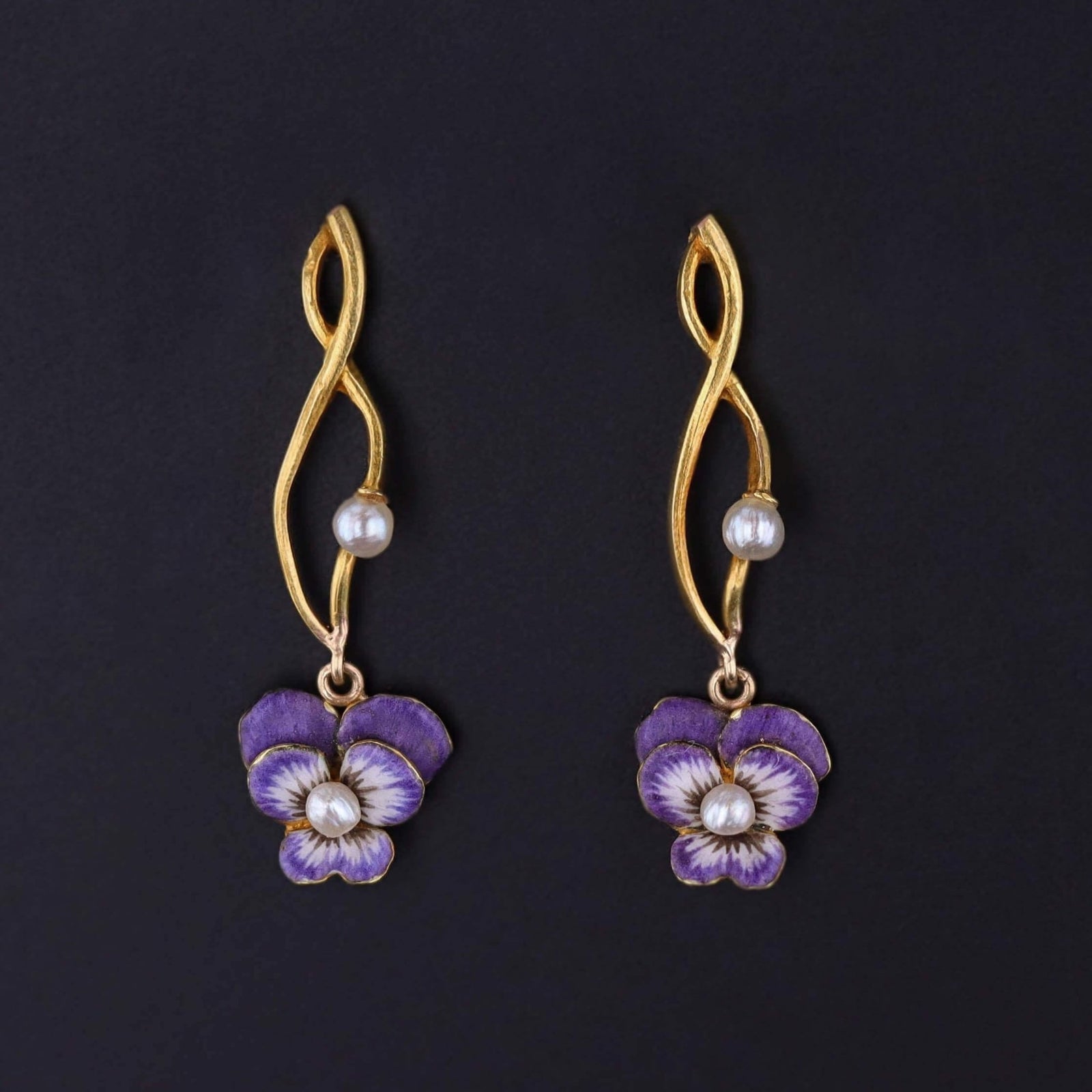 Antique Enamel Pansy Earrings of 14k Gold - Trademark Antiques