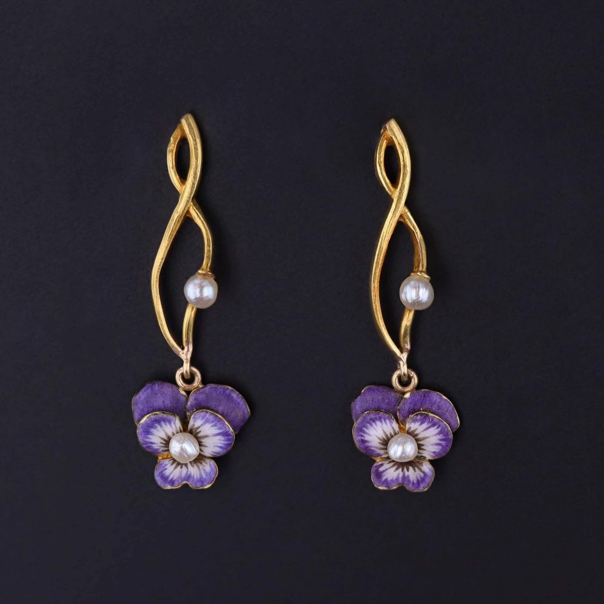Antique Enamel Pansy Earrings of 14k Gold - Trademark Antiques