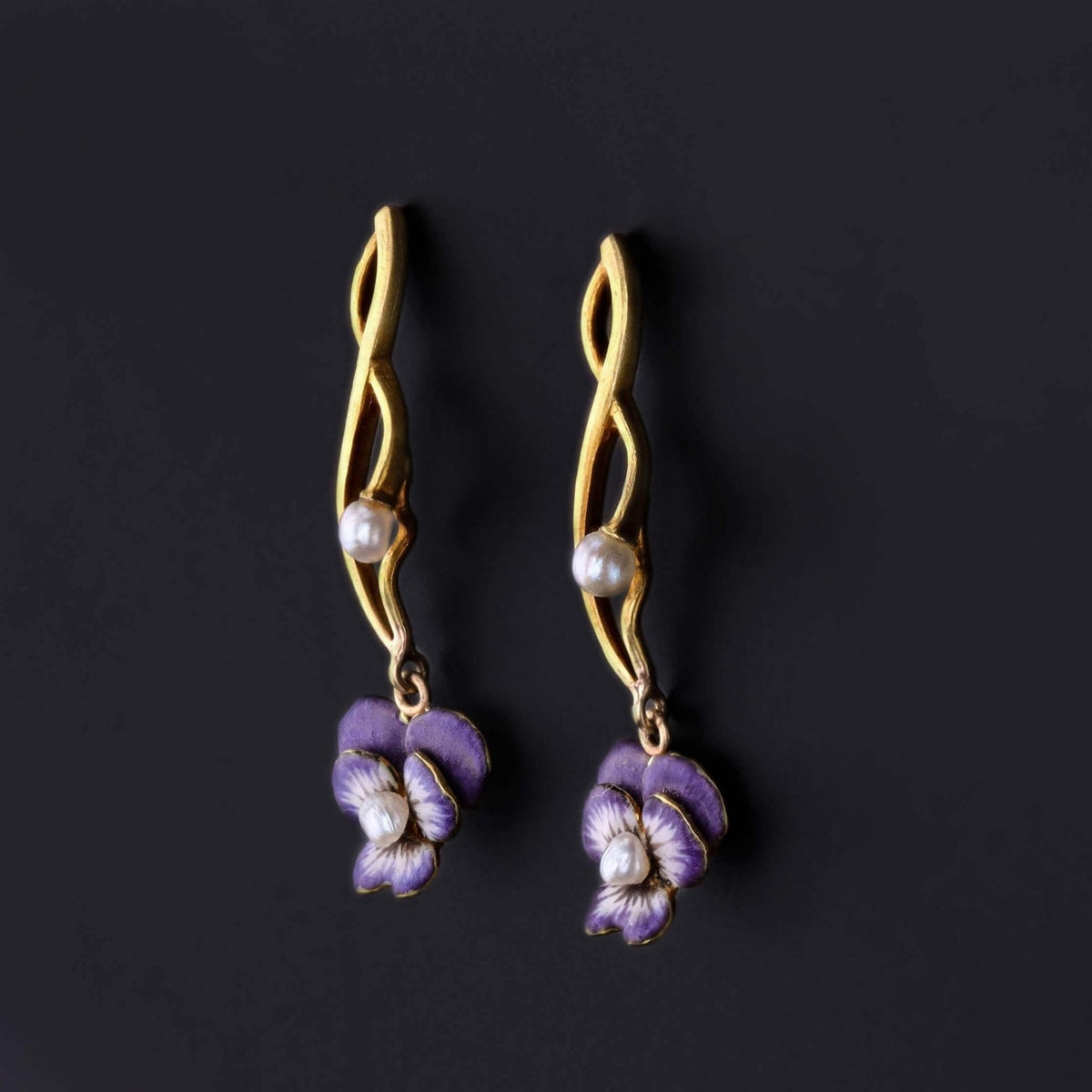 Antique Enamel Pansy Earrings of 14k Gold - Trademark Antiques