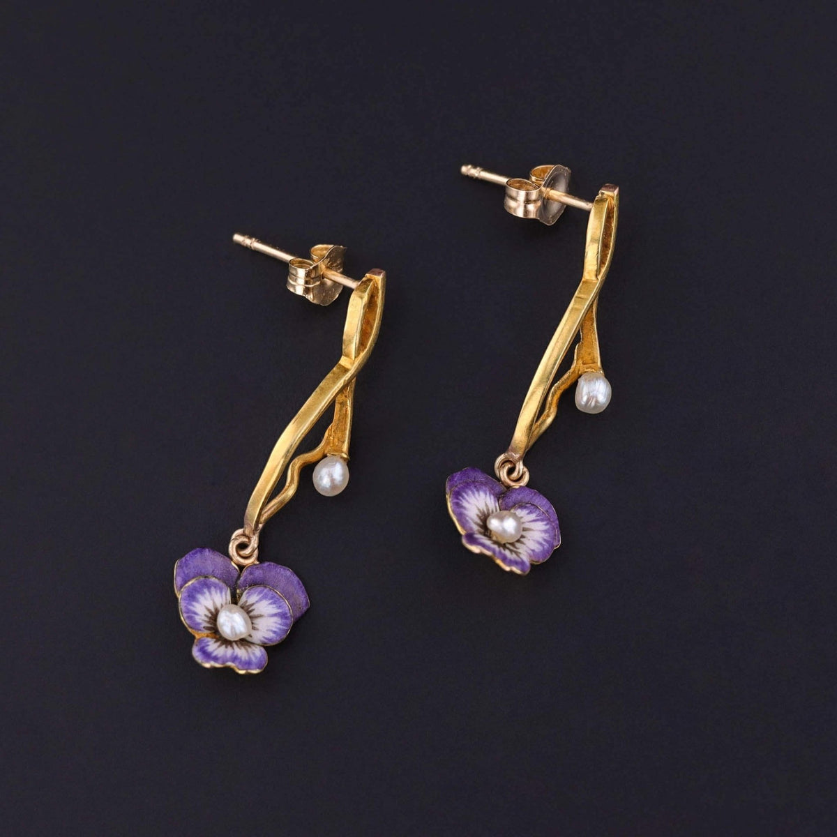 Antique Enamel Pansy Earrings of 14k Gold - Trademark Antiques