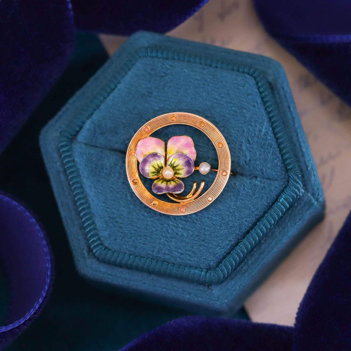 Antique Enamel Pansy Pin of 10k Gold - Trademark Antiques