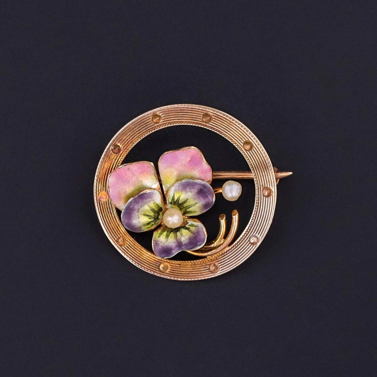 Antique Enamel Pansy Pin of 10k Gold - Trademark Antiques
