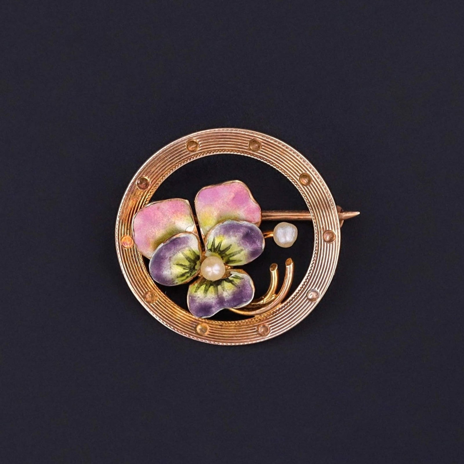 Antique Enamel Pansy Pin of 10k Gold - Trademark Antiques