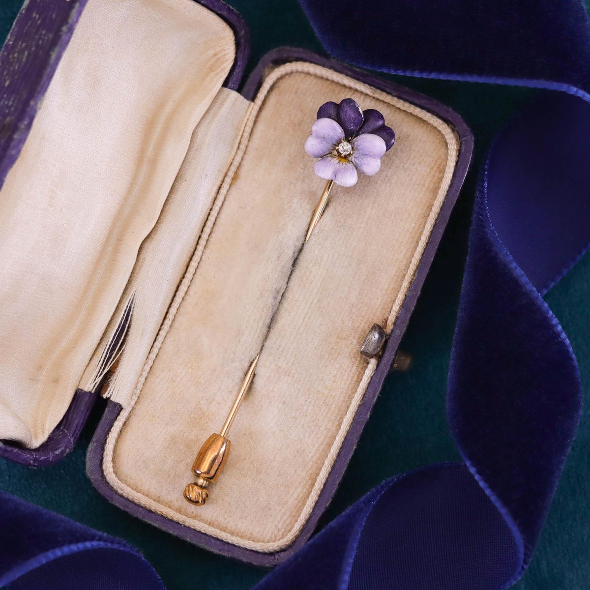 Antique Enamel Pansy Stickpin of 14k Gold - Trademark Antiques