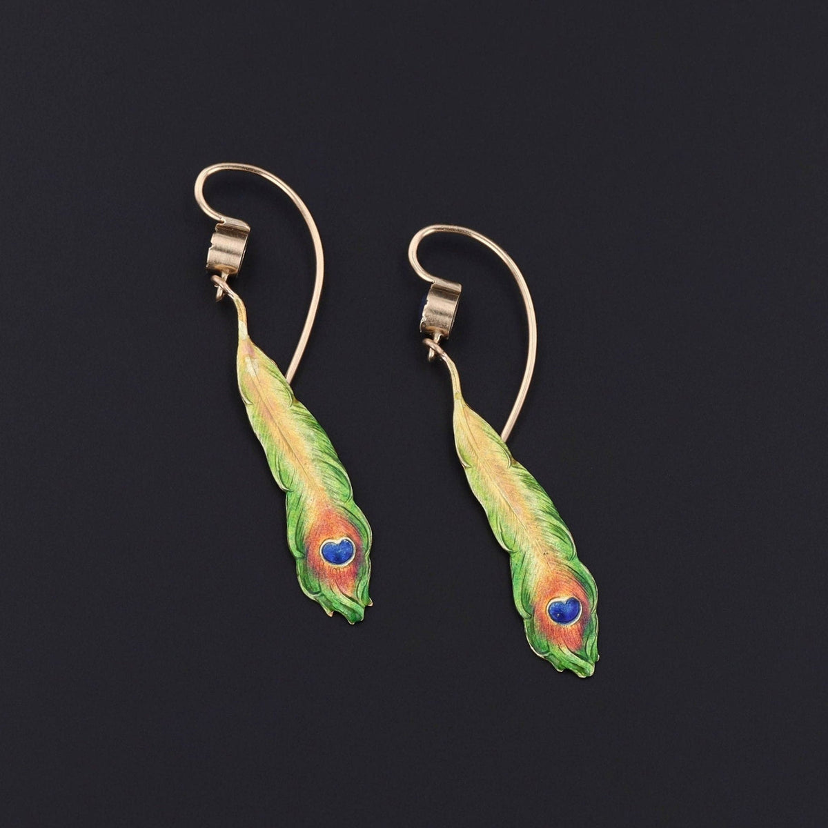 Antique Enamel Peacock Feather and Sapphire Conversion Earrings of 14k Gold - Trademark Antiques