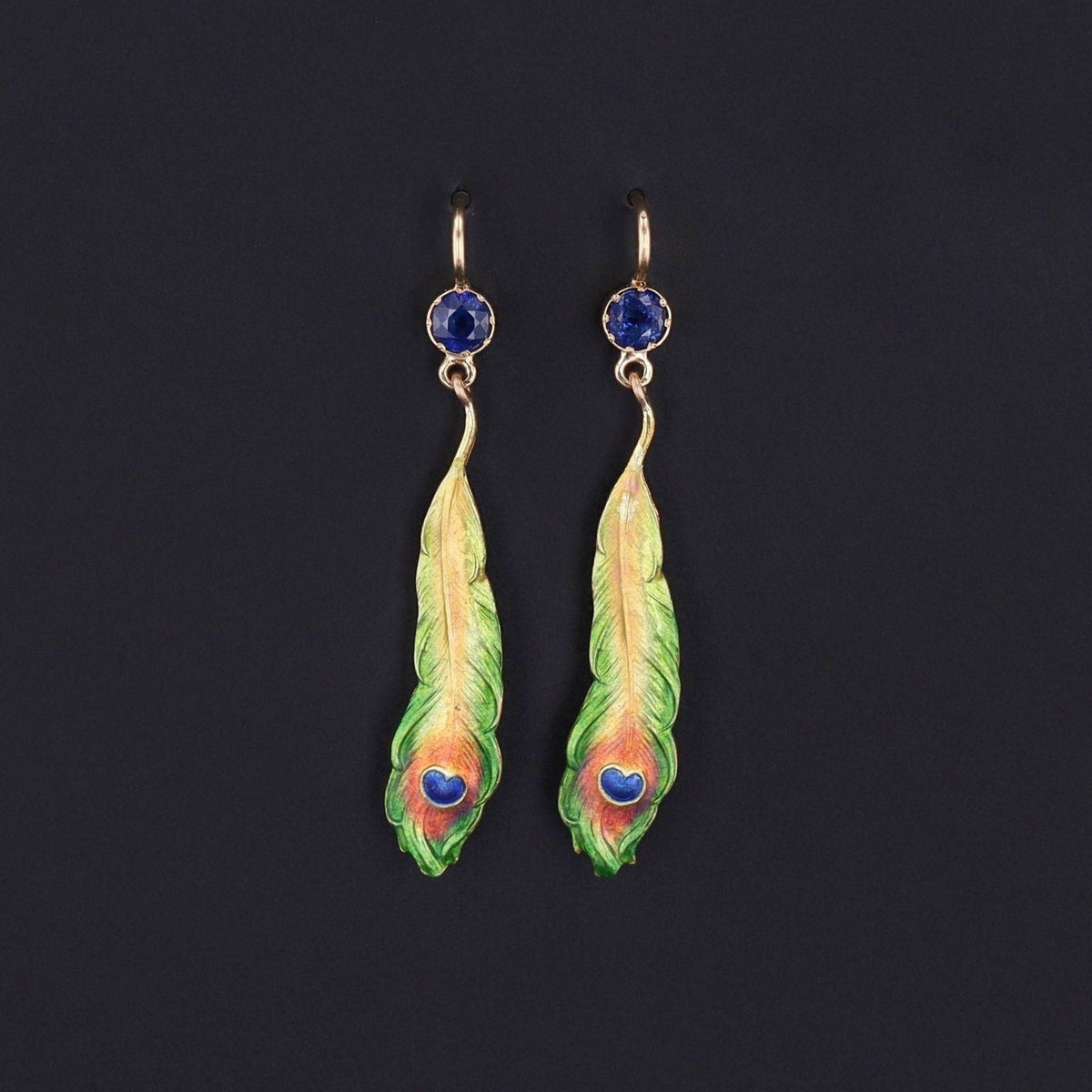 Antique Enamel Peacock Feather and Sapphire Conversion Earrings of 14k Gold - Trademark Antiques