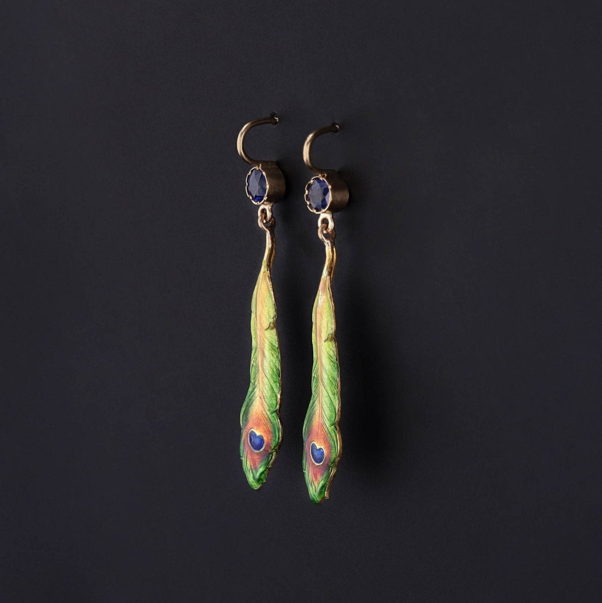 Antique Enamel Peacock Feather and Sapphire Conversion Earrings of 14k Gold - Trademark Antiques