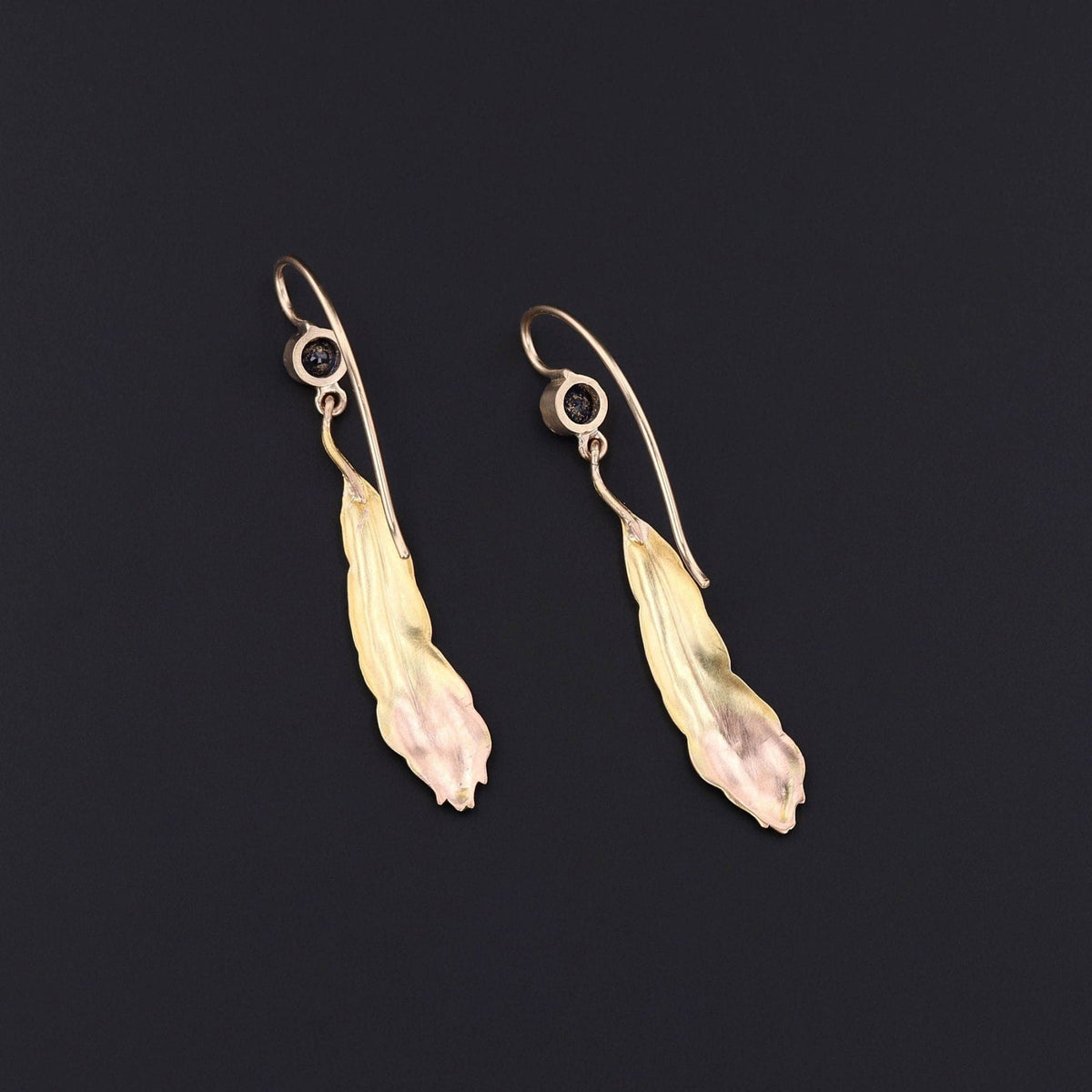 Antique Enamel Peacock Feather and Sapphire Conversion Earrings of 14k Gold - Trademark Antiques