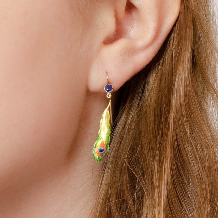 Antique Enamel Peacock Feather and Sapphire Conversion Earrings of 14k Gold - Trademark Antiques