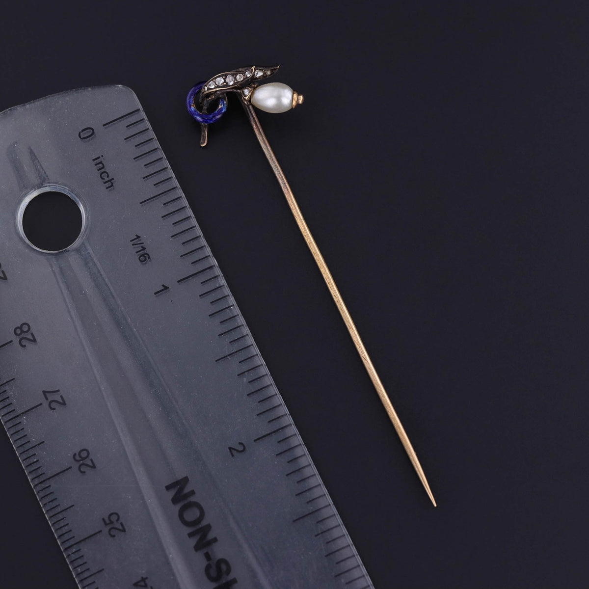 Antique Enamel Pearl and Diamond Stickpin - Trademark Antiques