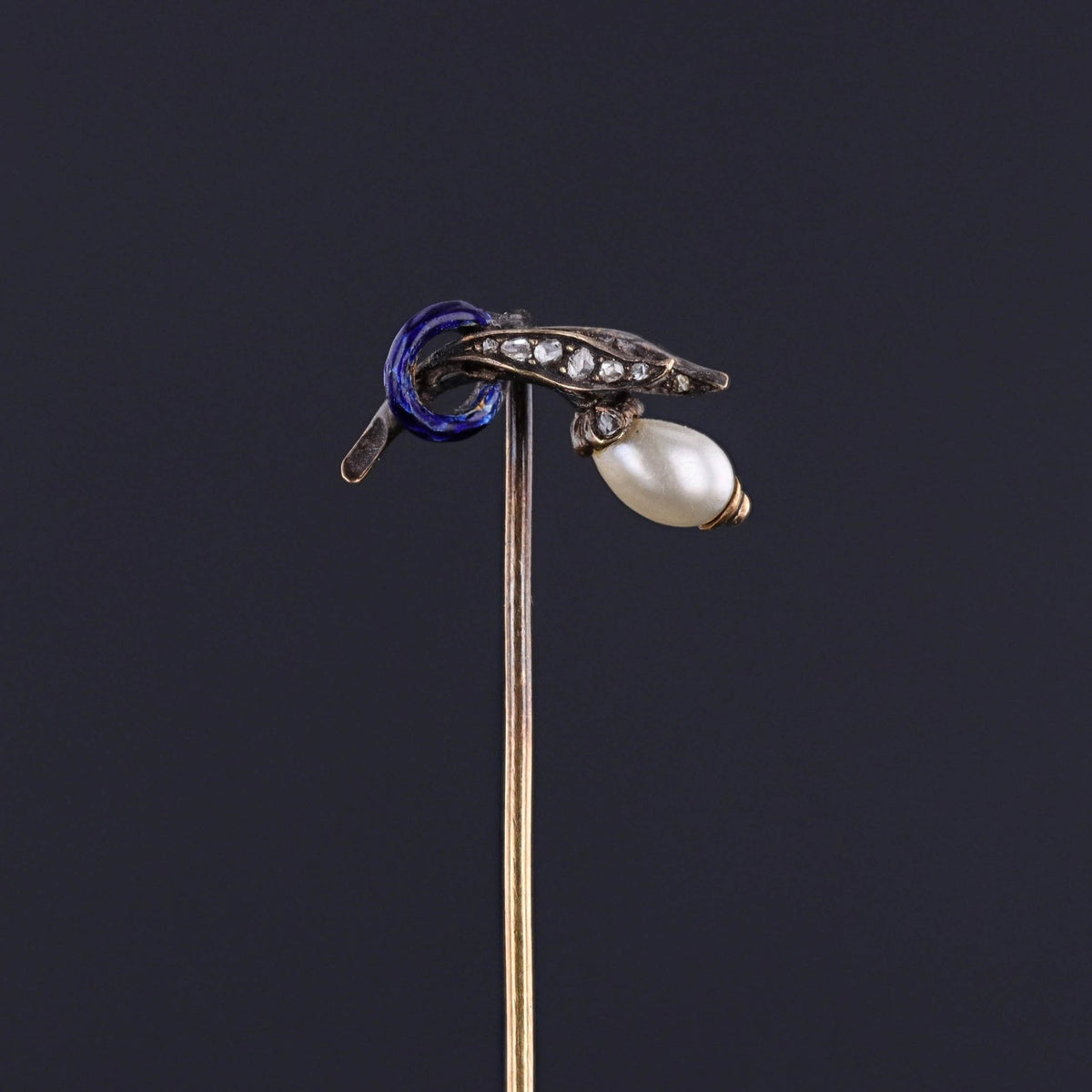 Antique Enamel Pearl and Diamond Stickpin - Trademark Antiques
