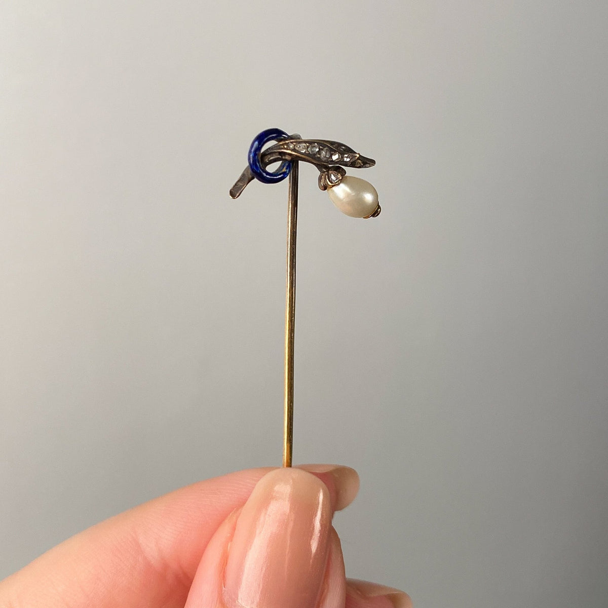 Antique Enamel Pearl and Diamond Stickpin - Trademark Antiques